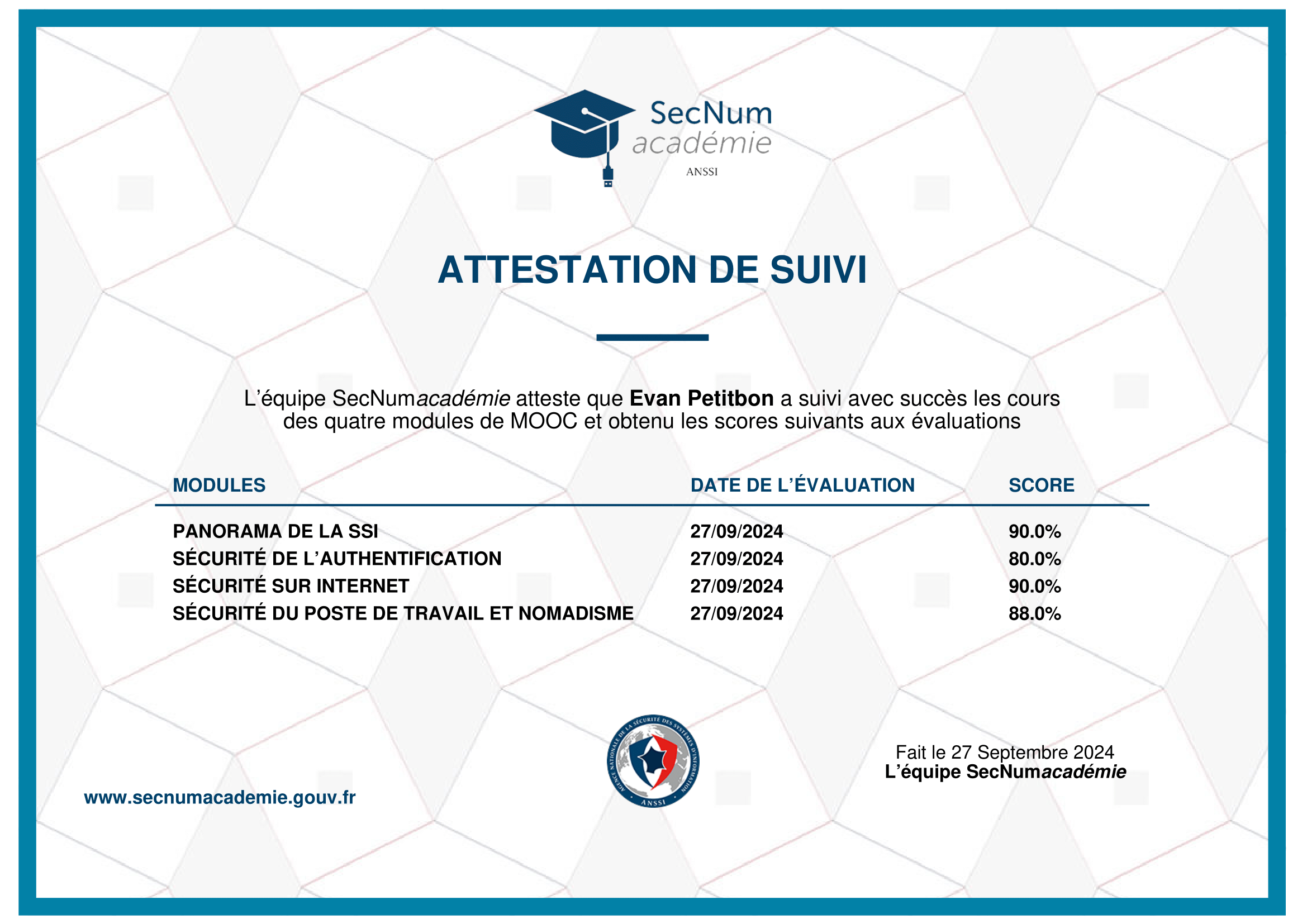 Attestation SecNum
