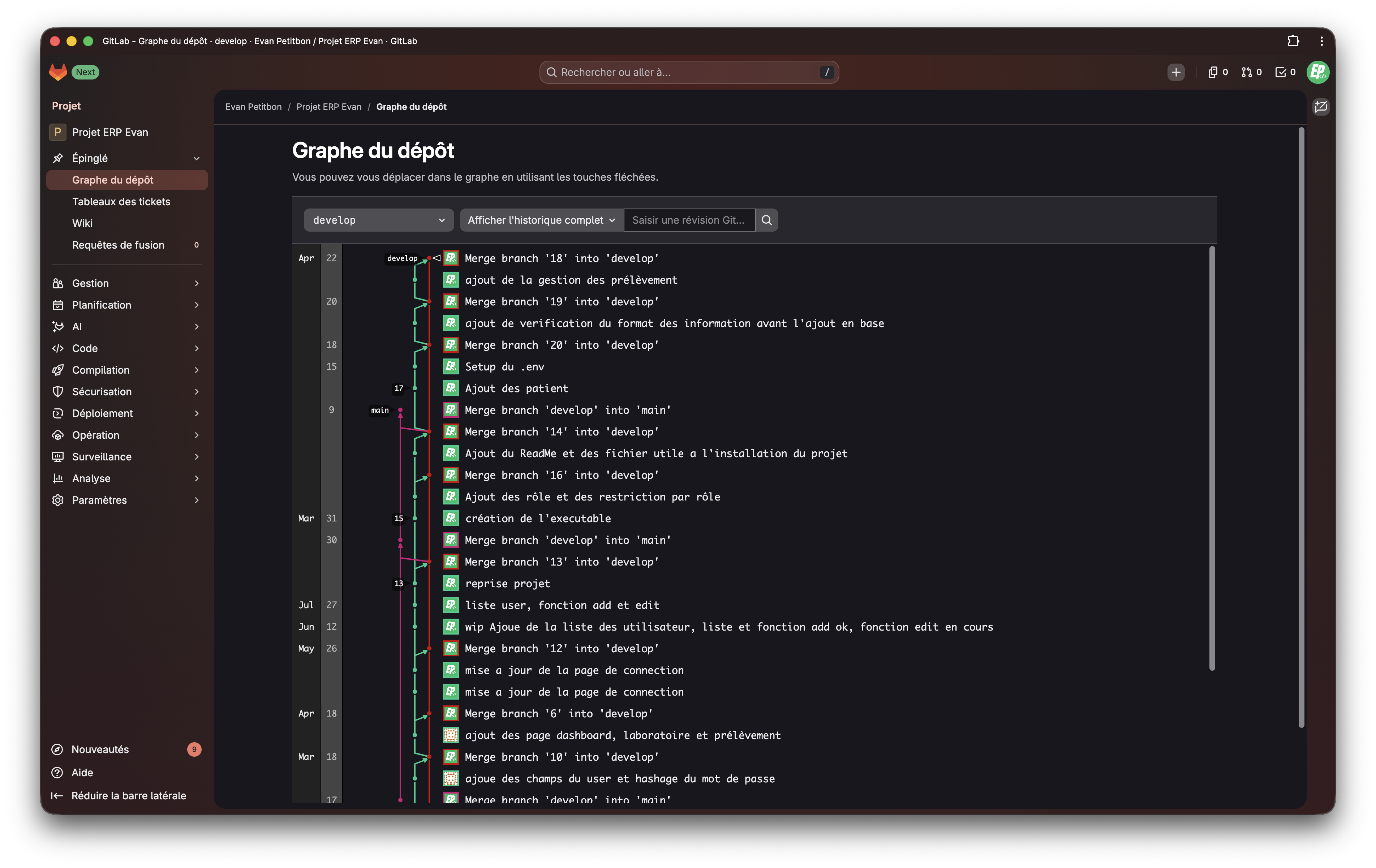 Historique des commits GitLab