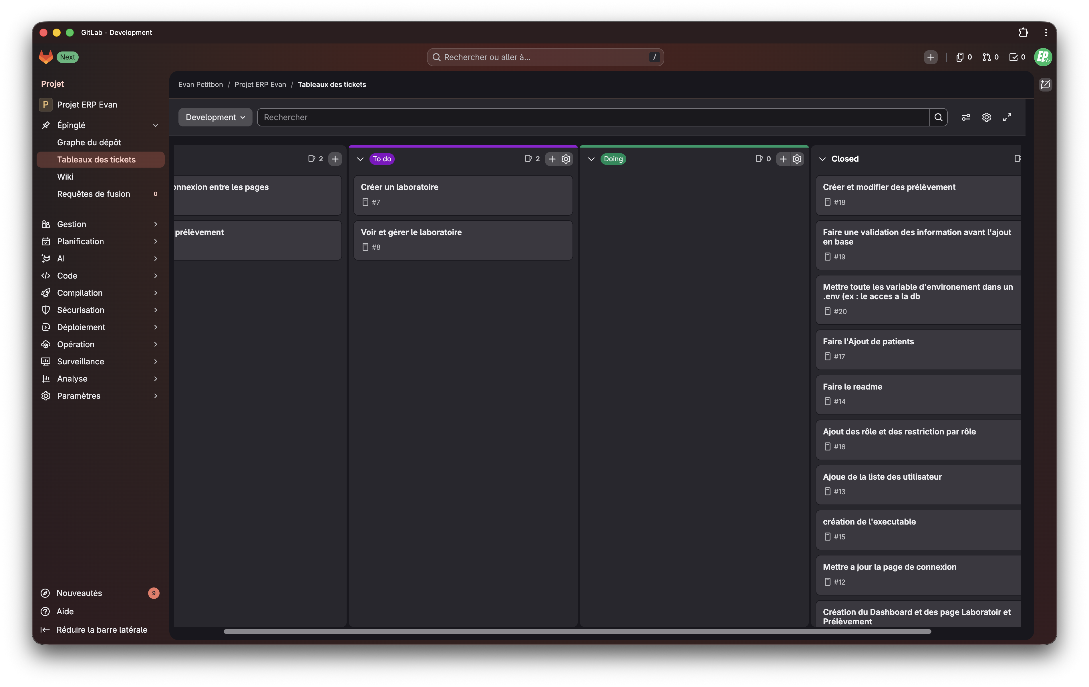 Board GitLab - planification des tâches