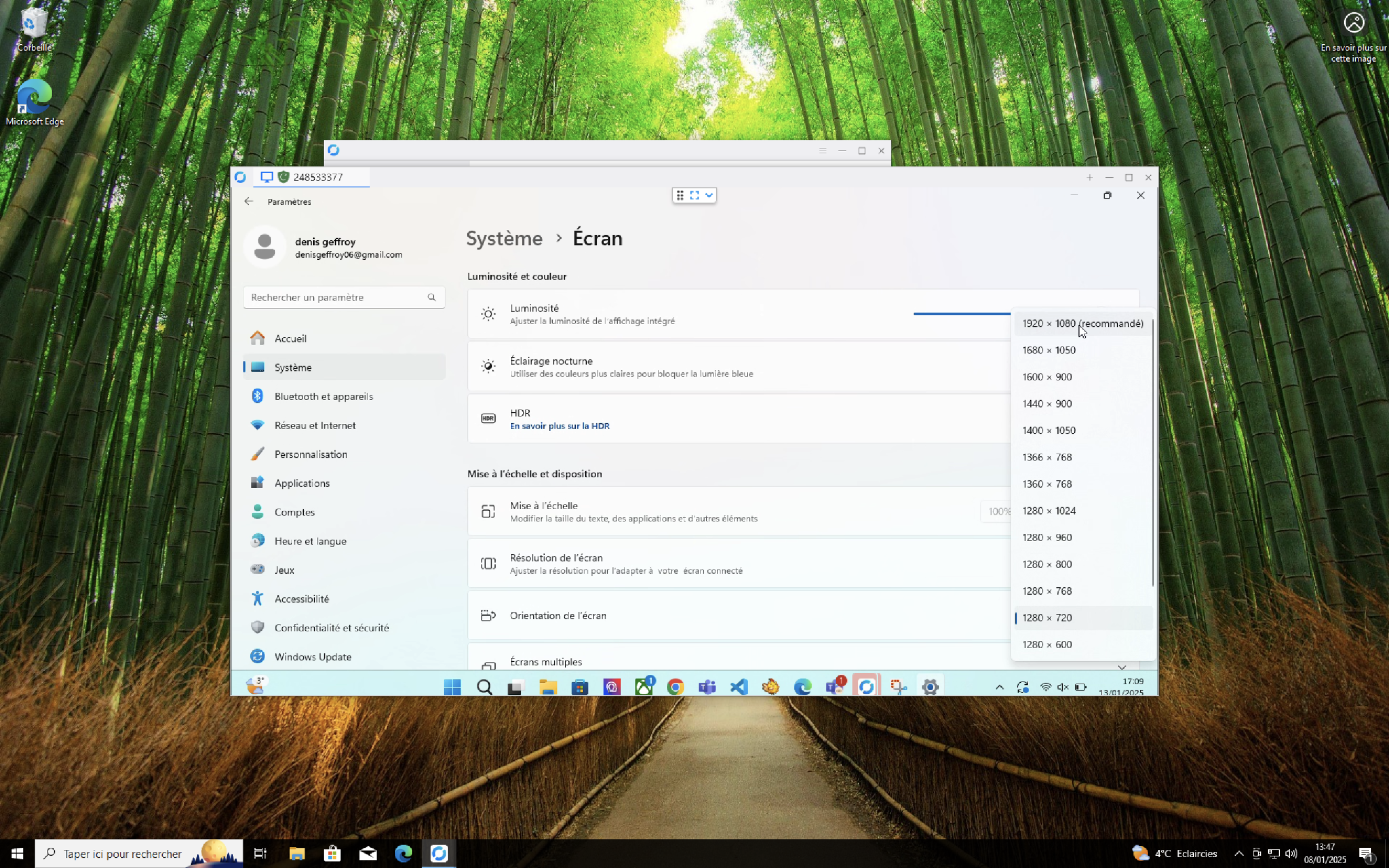 Fenêtre de paramètre d'affichage